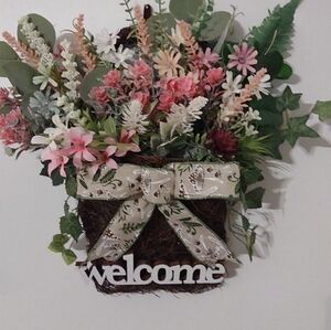 This Beautiful Welcome Wicker Hanging Basket With Florals And Greenery, 5x15